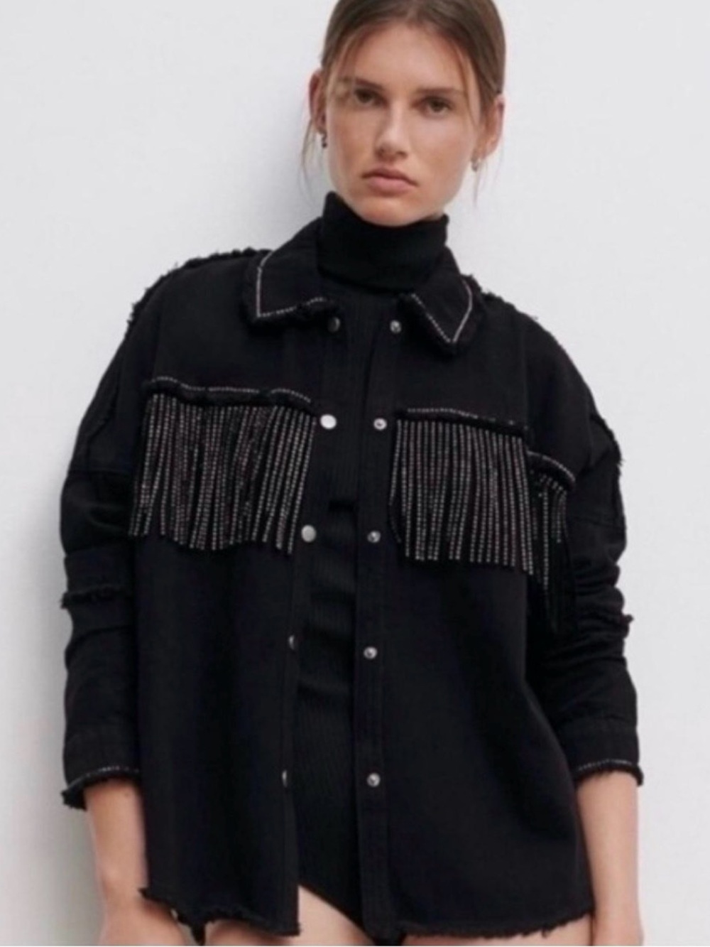 Zara Black Rhinestone Fringed Button-Up Jacket size Large